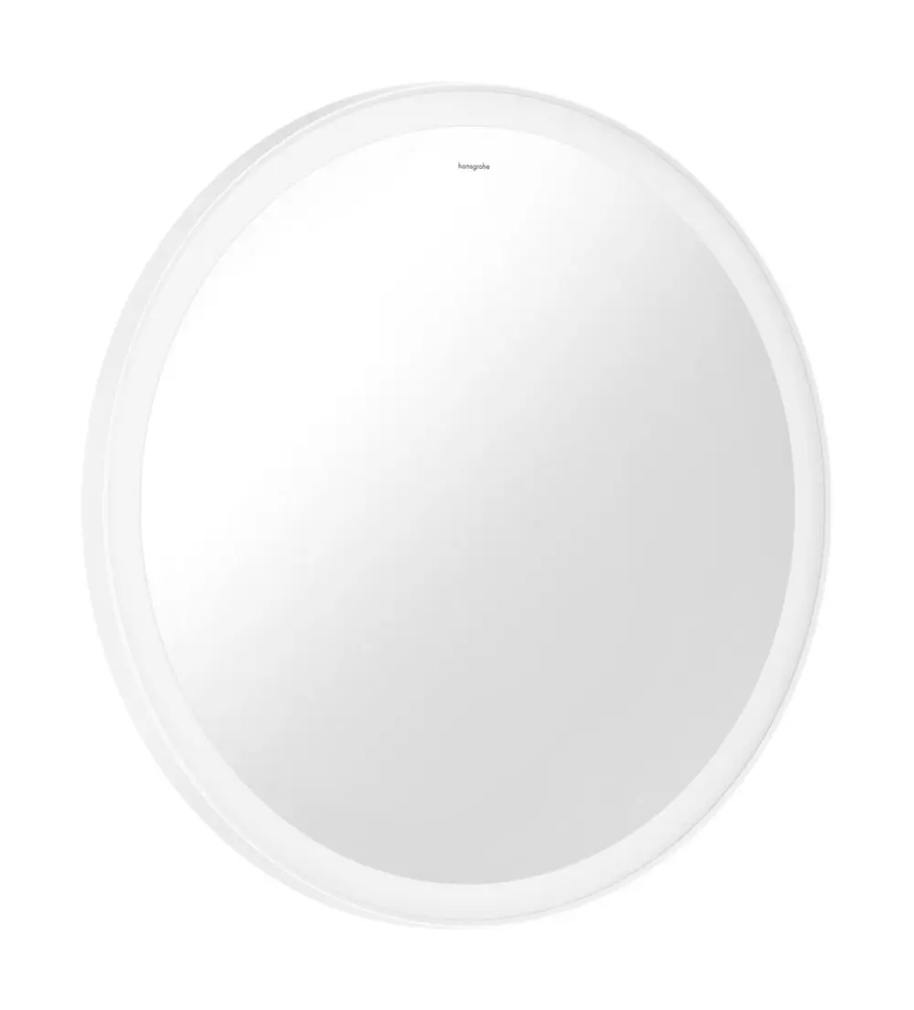 Runder Spiegel mit LED-Beleuchtung in Mattweiß, gefertigt von Hansgrohe. Die Oberfläche des Spiegels ist klar und spiegelt Licht reflektierend wider.